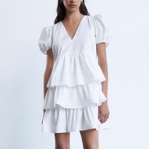 Zara Flounced Poplin White Mini Dress V-Neck